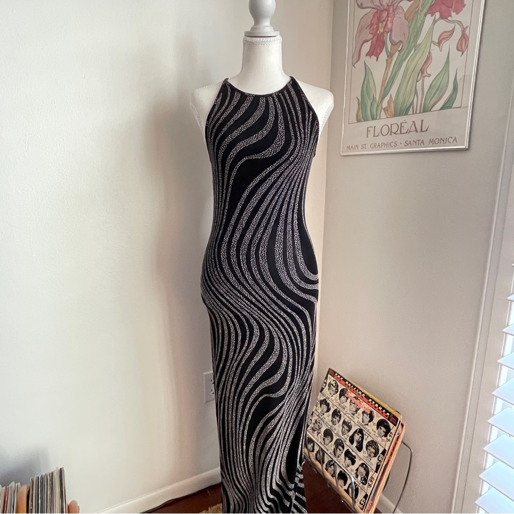 Gunne Sax Maxi Dress Womens Small Black Cross Back Bodycon Formal Cocktail Y2K
